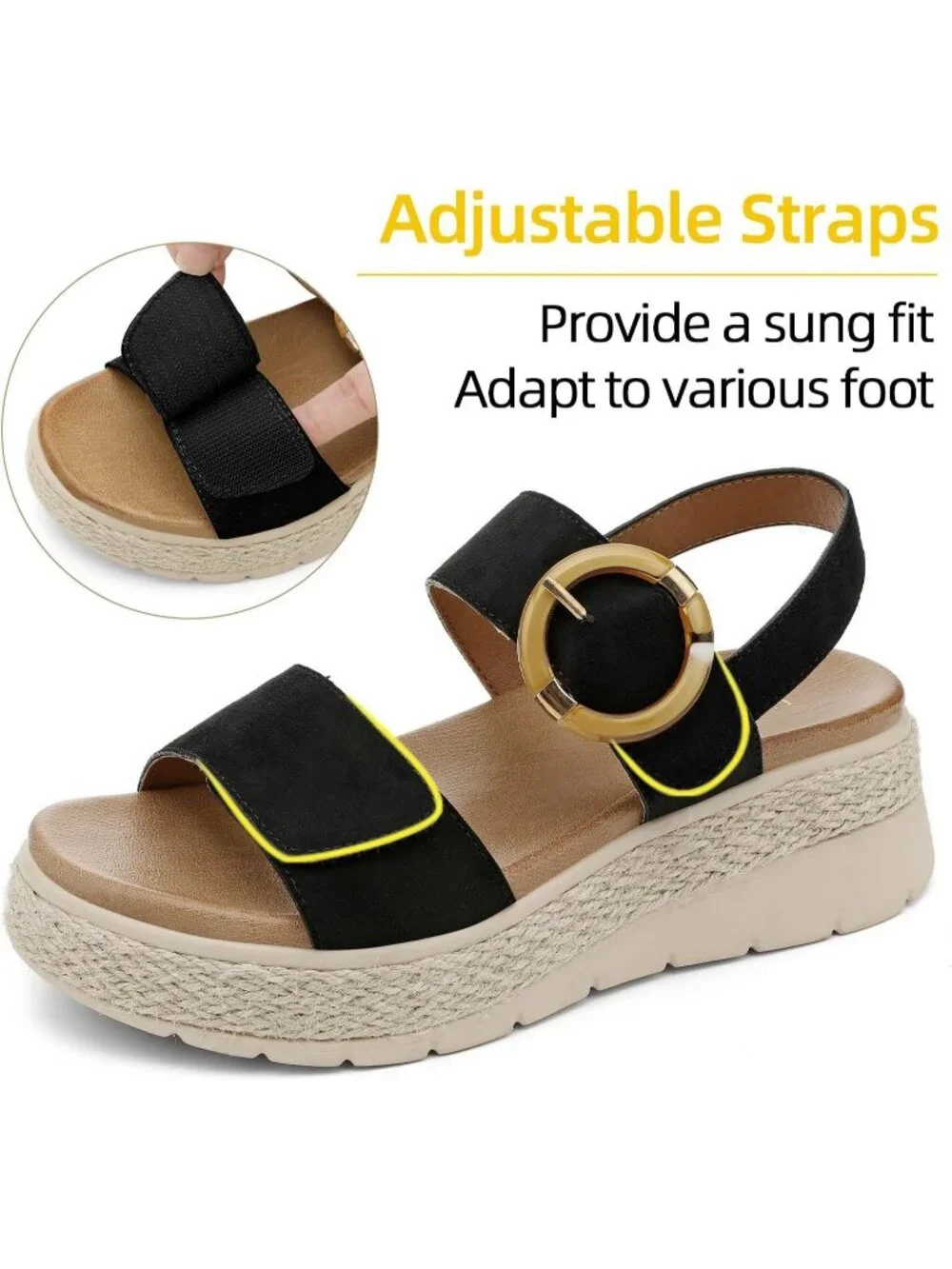 Women's Black Comfortable Solid Espadrille Low Wedge Heel Platform Sandal Shoes